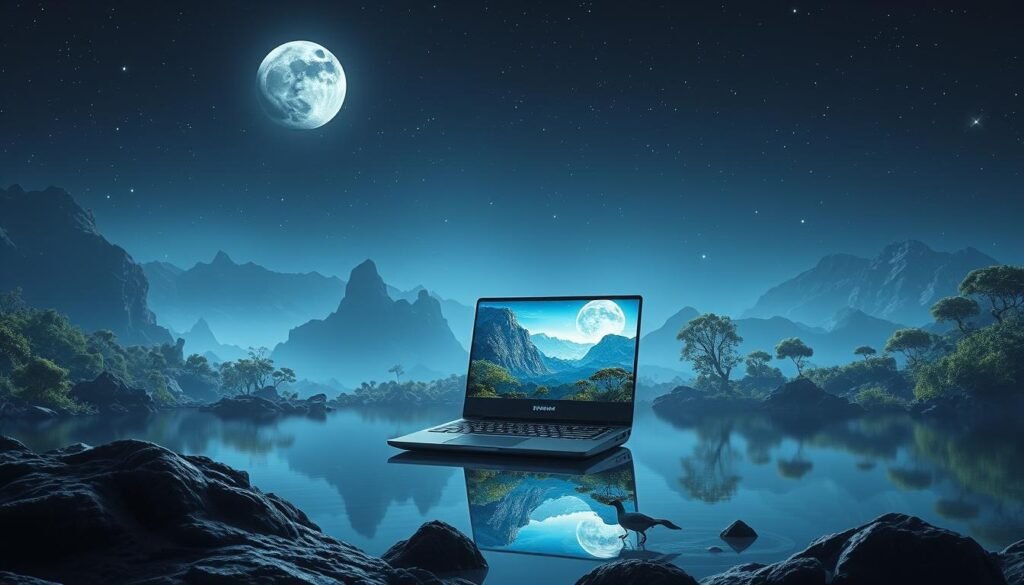 A breathtaking lunar landscape at night, with a serene lake reflecting the glowing moon and shimmering stars. In the foreground, a modern gaming laptop sits on a rock, its screen displaying a vibrant, immersive game scene. Sleek, futuristic designs and cool, blue-tinged lighting evoke the cutting-edge technology within. The middle ground features towering mountains and lush, otherworldly foliage, creating a sense of depth and wonder. The background is a vast, inky sky, with the moon casting a soft, ethereal glow over the entire scene. The overall atmosphere is one of high-tech elegance, futuristic adventure, and the awe-inspiring beauty of the lunar landscape.