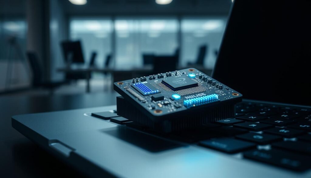 A detailed close-up of a neural processing unit (NPU) chip on a sleek silver laptop. The chip's surface is covered in intricate circuits and heat sinks, glowing with a soft blue LED light. The background is a dimly lit, minimalist workspace with blurred office equipment, conveying a sense of advanced technology in a professional setting. The image is captured with a high-resolution camera, emphasizing the precision engineering and computing power of the NPU. Dramatic side lighting casts dramatic shadows, highlighting the chip's complex architecture. The overall mood is one of technological sophistication and the promise of on-device AI processing.