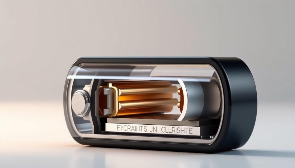 A detailed cross-sectional view of a solid-state battery, showcasing its intricate internal structure. The battery is depicted in a sleek, minimalist design, with a matte black casing and subtle chrome accents. The foreground highlights the key components, including the solid-state electrolyte, the anode and cathode layers, and the metallic current collectors. The middle ground depicts the battery's high energy density, with a cutaway view revealing the compact, densely packed internal architecture. The background features a soft, diffused lighting, creating a sense of technological sophistication and innovation. The overall mood is one of precision, efficiency, and the promise of a new era in battery technology.