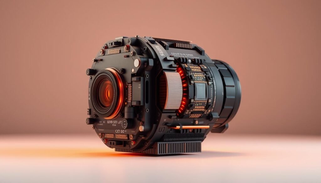 A highly detailed, photorealistic image of a multi-spectral sensor system. Set against a clean, minimalist background, the sensor is depicted in a three-quarter view, showcasing its intricate multi-layered design and advanced optics. Warm, directional lighting from the side illuminates the sensor's complex array of lenses, filters, and sensitive detectors, revealing the sophisticated technology that enables it to capture a broader spectrum of color and light beyond the visible range. The overall atmosphere conveys a sense of technological precision and innovation, inviting the viewer to explore the hidden capabilities of this advanced imaging device.