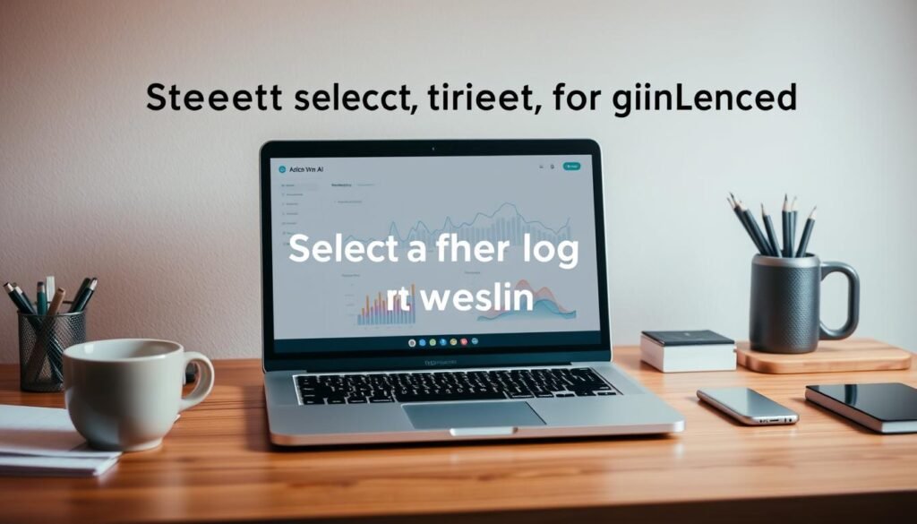 A laptop standing on a wooden desk, surrounded by various office supplies and a cup of coffee. The laptop's screen displays a minimalist dashboard with graphs and charts, showcasing the device's AI capabilities. Soft, warm lighting illuminates the scene, creating a cozy and productive atmosphere. The overall composition emphasizes the importance of selecting the right laptop for AI-powered tasks, with the laptop being the focal point of the image.