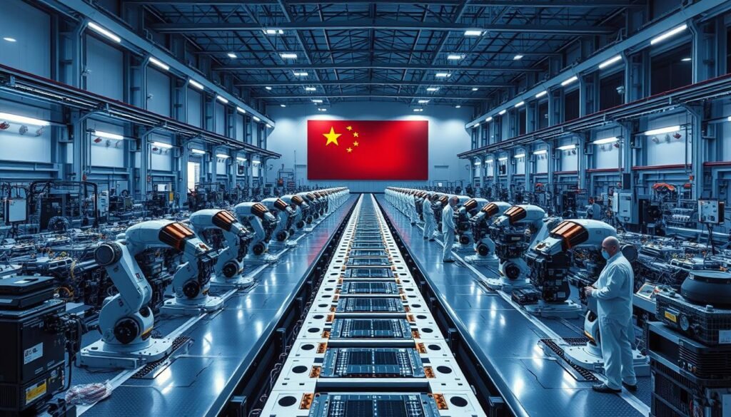 A large, modern manufacturing facility with rows of gleaming robotic assembly lines, producing the next generation of solid-state batteries. The cavernous warehouse is bathed in cool, blue-tinted lighting, casting long shadows across the high-tech equipment. Precise robotic arms meticulously assemble the intricate battery cells, while workers in clean suits monitor the process. In the background, a vast mural depicts the Chinese flag, symbolizing the nation's technological prowess. The atmosphere is one of industrial efficiency and cutting-edge innovation, befitting the advanced solid-state battery technology being produced.