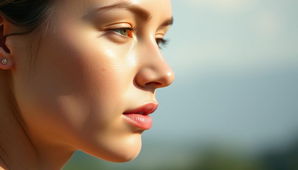 A natural skin tone portrait in natural daylight. The subject's face is illuminated from the side, casting subtle shadows that accentuate their bone structure. The skin has a warm, healthy glow, with subtle freckles and imperfections that add character. The background is softly blurred, with hints of greenery and a gentle hazy sky. The overall mood is serene and tranquil, conveying a sense of calm and authenticity. The image is captured with a high-quality camera lens, providing a crisp, detailed, and visually striking representation of the natural skin tone.