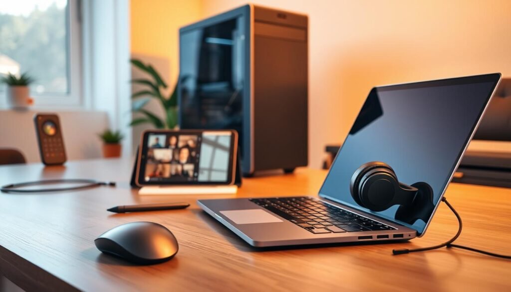 A photorealistic scene depicting various devices and their use cases in a modern home office setting. In the foreground, a sleek laptop with a large screen takes center stage, surrounded by a wireless mouse, a stylus, and a high-end pair of noise-cancelling headphones. In the middle ground, a tablet and a smartphone are positioned, showcasing their versatility for tasks like note-taking, video conferencing, and content consumption. In the background, a desktop computer tower stands tall, its powerful internals hinted at by its sleek design. The lighting is warm and natural, creating a cozy and productive atmosphere, while the camera angle provides a balanced and visually appealing composition.