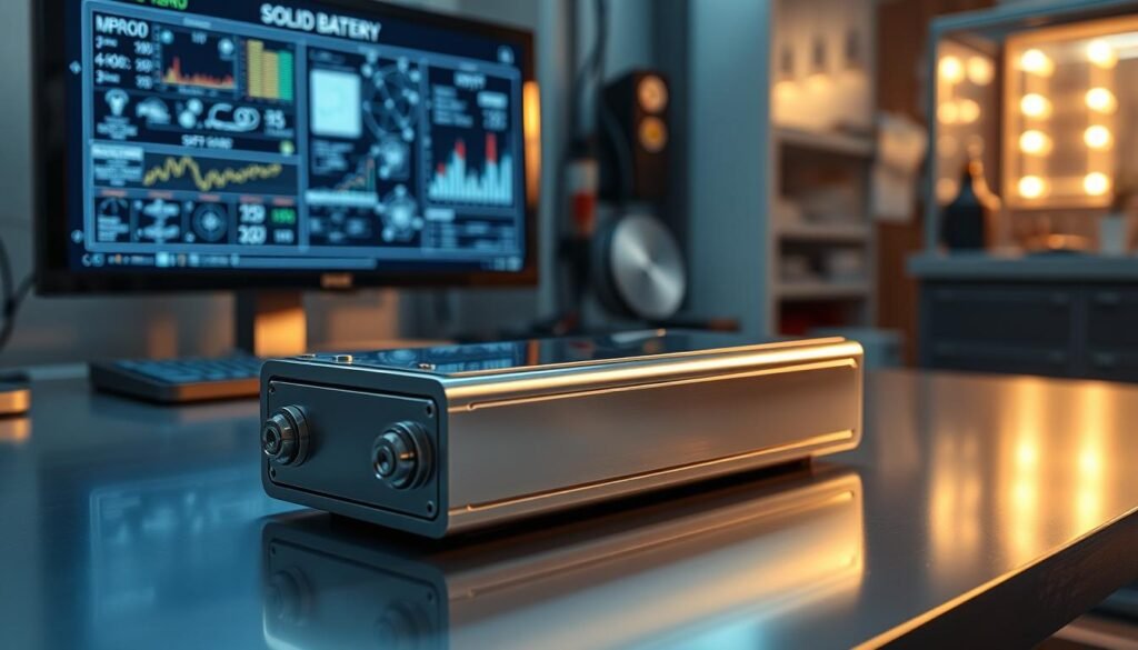 A sleek, metallic solid-state battery prototype resting on a high-tech workbench, illuminated by soft, indirect lighting. The battery's casing has a polished, futuristic design, hinting at its advanced technology. In the background, a high-resolution display shows detailed schematics and performance charts, conveying the engineering and scientific research behind this innovative energy storage solution. The overall scene exudes a sense of cutting-edge innovation, precision, and the promise of a more sustainable energy future.
