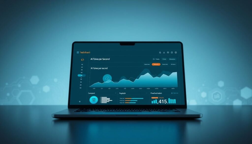 A sleek, modern laptop display showcasing a data visualization dashboard, with a central focus on an animated AI tokens per second metric. The background features subtle hexagonal patterns and glowing circuit-board textures, creating a futuristic, technology-driven atmosphere. Soft, directional lighting illuminates the display, highlighting the crisp, high-resolution graphics and intuitive user interface. The scene conveys a sense of efficiency, performance, and the power of AI-driven computing in a contemporary, minimalist design.