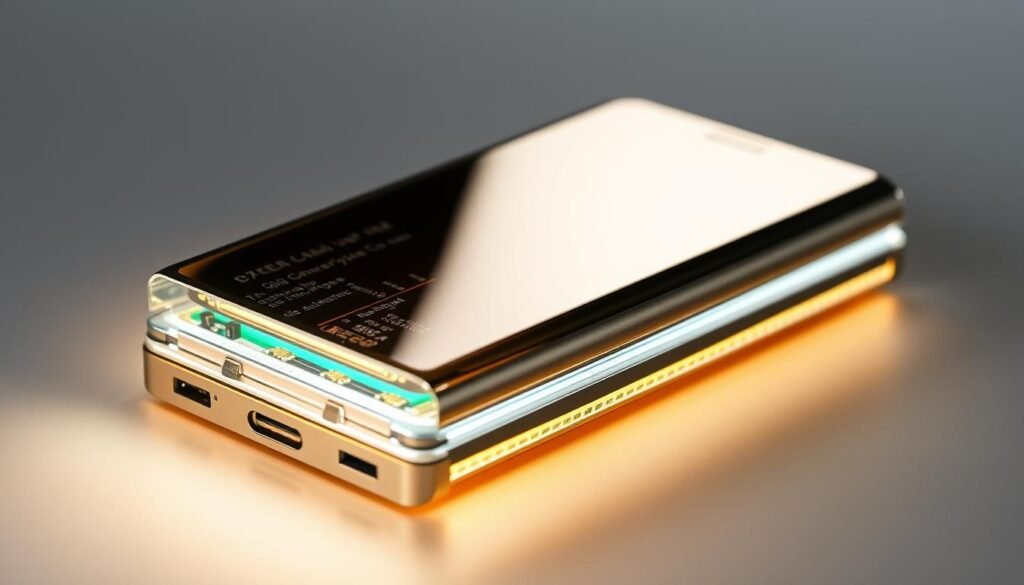 A sleek, state-of-the-art solid-state battery, its metallic casing gleaming under crisp studio lighting. The battery's compact form factor hints at its potential to power thin, modern smartphone designs. Intricate circuitry and layers of advanced materials are visible through a partially transparent view, showcasing the engineering prowess behind this next-generation energy storage solution. The battery's resilience is evident, promising thousands of charge cycles without significant capacity loss - a testament to its readiness for integration into flagship mobile devices of the near future.