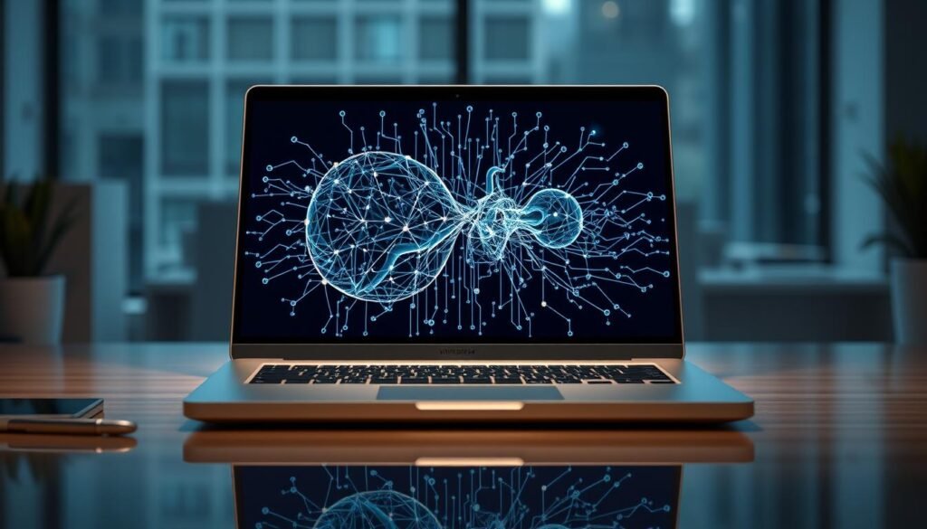 A sophisticated laptop with a powerful 45 TOPS AI processor, standing tall and proud, its sleek chassis reflecting the modern workspace around it. The laptop's display showcases a complex 70 billion parameter deep learning model, its neural networks illuminated with a soft, ambient glow. The scene is captured in a crisp, photorealistic style, with carefully balanced lighting that highlights the laptop's technical prowess. The overall atmosphere conveys a sense of technological prowess and the potential of on-device AI processing, without the need for cloud connectivity.