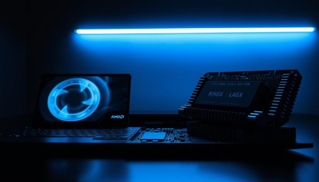 Sleek and futuristic laptop components in a minimalist, high-tech setting. Showcase the powerful Lunar Lake GPU from Intel and the efficient Strix Point iGPU from AMD, both in a dimly lit, blue-hued environment. Highlight the sophisticated memory modules and heat sinks, captured from an oblique angle with dramatic shadows and highlights. Convey a sense of technological advancement and the cutting edge of mobile computing performance and efficiency.