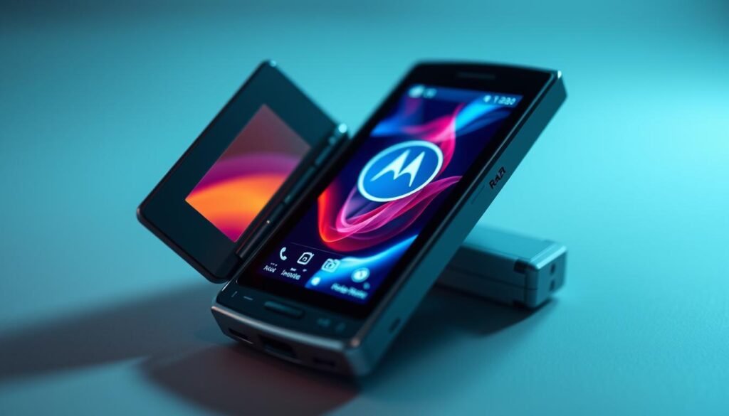 A close-up view of an open Motorola Razr Ultra, showcasing its vibrant internal display with a sleek interface. The screen illuminated with rich colors, emphasizing high-resolution graphics and smooth animations, surrounded by the device’s elegant metallic frame. The background should feature a subtle gradient, enhancing the futuristic feel, while soft, diffused lighting highlights the phone’s contours. The angle captures the device from a slightly elevated position, adding depth to the composition. The atmosphere conveys a sense of modern technology and innovation, perfect for illustrating the internal display’s features. Focus on showcasing the intricate details, such as the screen clarity and vibrant colors, without any distractions or text overlays.