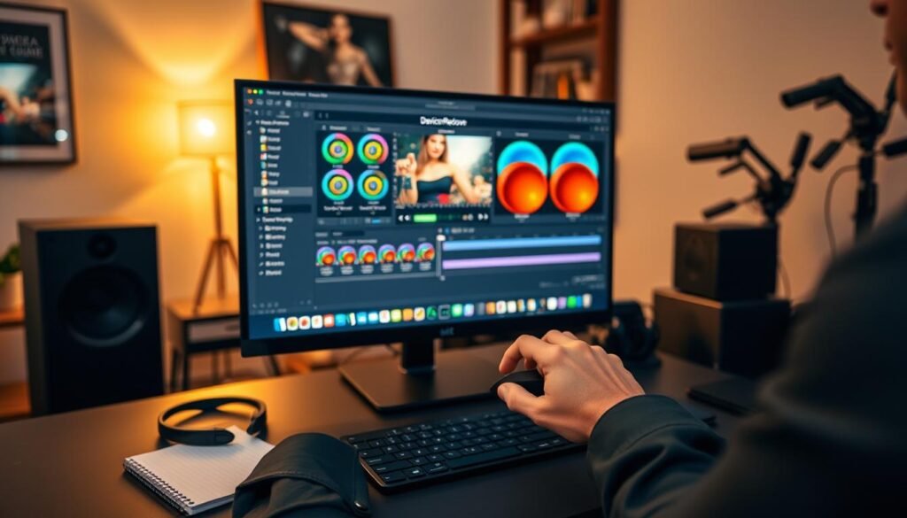A professional video editor's workspace featuring a sleek computer monitor displaying the DaVinci Resolve color grading interface, filled with vibrant color wheels and adjustment sliders. In the foreground, a pair of hands clad in smart casual attire manipulate the mouse with precision, focused on achieving the perfect color balance. The middle ground highlights a modern desk with professional editing tools, a notepad, and headphones, reflecting an atmosphere of creativity and concentration. The background subtly showcases a softly lit home studio, with ambient lighting that enhances the mood of an engaged and passionate editor. The overall scene embodies a warm and inspiring environment, ideal for editing high-quality video projects.