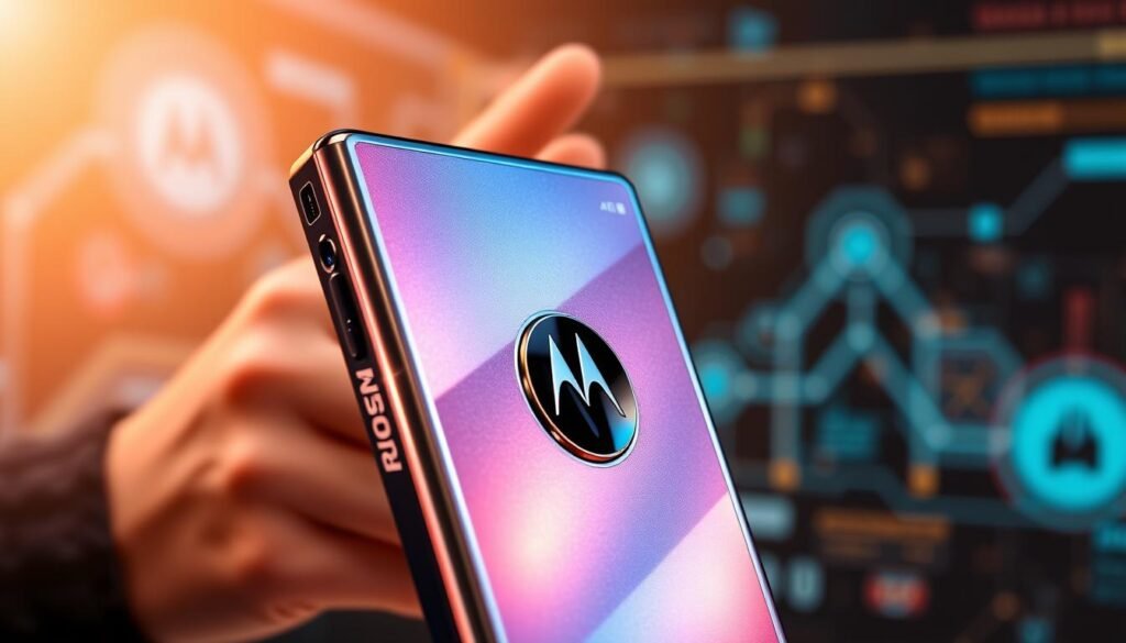 A sleek Motorola Razr Ultra smartphone showcased prominently in the foreground, its unique foldable design highlighted with a shimmering holographic finish under soft, diffused lighting. The camera lens is angled slightly to reveal its dual-camera setup, capturing reflections of a modern tech environment. In the middle ground, a blurred hands-on view of a user interacting with the external display, emphasizing the advanced technology and multitasking capabilities of the device. The background features softly focused tech-inspired graphics, hinting at innovation and competition, with a warm, inviting atmosphere. The entire scene is framed to convey a sense of sophistication and cutting-edge style, appealing to tech enthusiasts.
