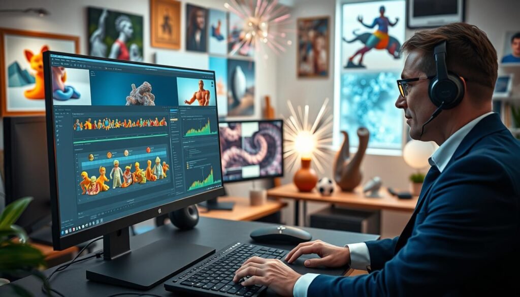 A vibrant Blender 3D workspace, filled with an array of colorful, detailed 3D models and animation timelines. In the foreground, a sleek computer monitor displays the Blender interface, showcasing a complex animation project with intricate keyframes and layers. A user, depicted in professional business attire, actively engages with the software using a modern keyboard and graphics tablet. The middle ground features additional monitors displaying rendered scenes and particle effects, enhancing the dynamic editing atmosphere. The background is a well-lit creative studio, featuring inspirational art and 3D sculptures. Soft, focused lighting highlights the screen and the user's concentration, creating an atmosphere of productivity and creativity. The overall mood is inspiring and professional, capturing the essence of advanced 3D animation editing in Blender.