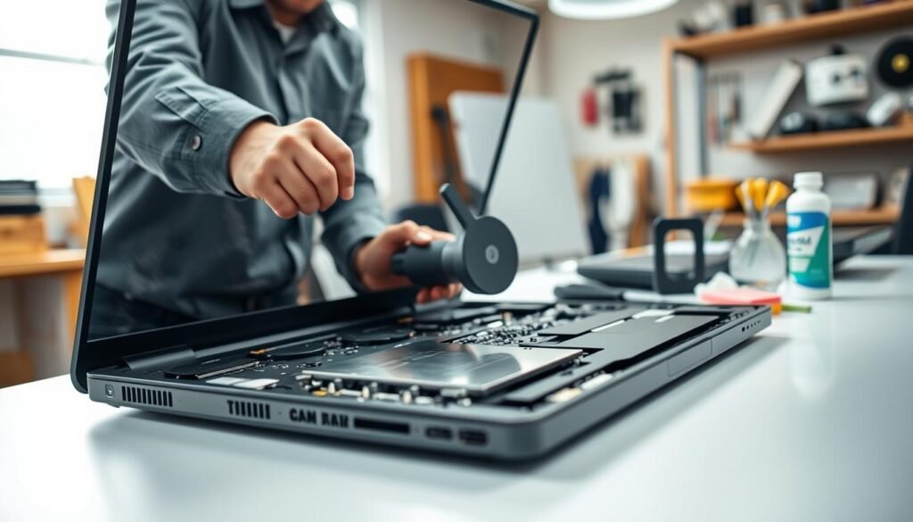 Close-up of a laptop being opened on a clean work desk, showcasing the physical installation of an SSD. In the foreground, a technician in a smart casual outfit is carefully aligning the new SSD with the laptop’s slot, using a screwdriver. The middle layer features the laptop's open casing, revealing intricate components and the SSD's shiny surface reflecting light. The background includes softly blurred tools like a screwdriver set and thermal paste, set in a well-lit workshop environment with warm tones. The scene conveys a sense of professionalism and focus, emphasizing the technical precision of upgrading hardware without reinstalling the operating system. A gentle overhead light highlights the details, creating an inviting mood for DIY enthusiasts.