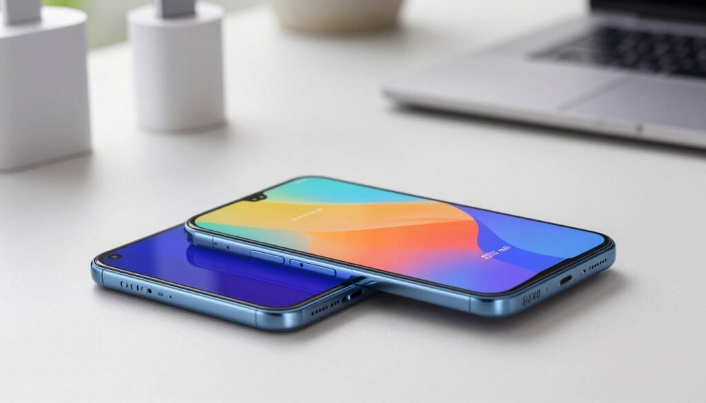 A close-up view of the Honor X9d smartphone, showcasing its sleek design with a vibrant display and emphasizing the impressive 8300 mAh battery feature. The phone should be prominently centered in the foreground, with a polished surface reflecting soft natural light. In the middle ground, include subtle elements like charging accessories and a blurred background of a modern workspace, creating a tech-savvy environment. Use soft, diffused lighting to evoke a sense of innovation and sophistication. The angle should be slightly tilted for a dynamic perspective, highlighting the phone's slim profile and durability. Create an atmosphere of excitement and futuristic technology, without any people present, ensuring the focus remains on the device itself.