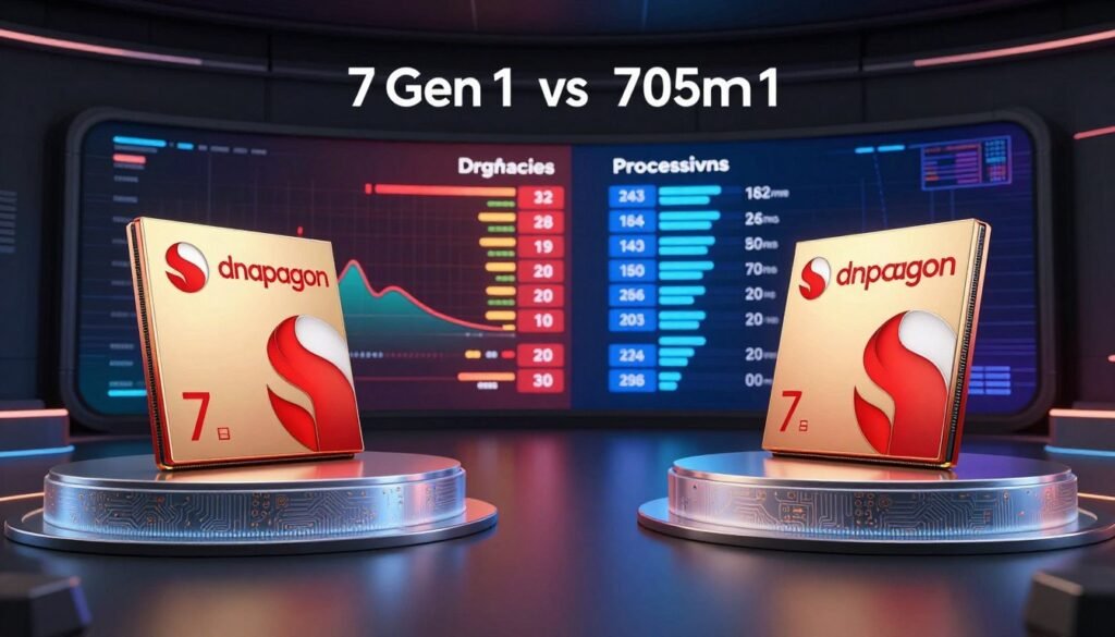 A dynamic split-screen image illustrating the performance comparison between Snapdragon 7 Gen 1 and Dimensity 7050 chipsets. In the foreground, feature detailed and lifelike representations of the two chipsets, each on separate shimmering podiums, showcasing their unique designs with intricate circuitry. In the middle, vibrant visuals displaying various performance metrics and benchmarks, such as graphics performance and processing speed, depicted as colorful graphs and numbers for easy visual understanding. The background should have a sleek, tech-inspired ambiance with dark tones illuminated by soft, futuristic lighting to create a high-tech atmosphere. Use a wide-angle lens effect to emphasize the chipsets while keeping the focus sharp, conveying a sense of competition and innovation.