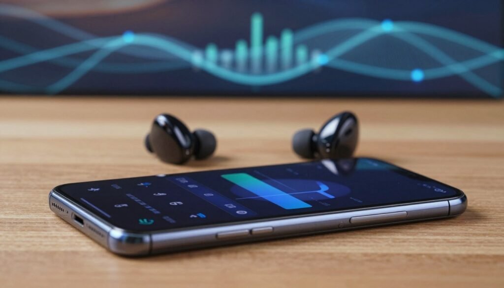 A modern smartphone lying flat on a wooden surface, showcasing its sleek design and curved display. In the foreground, focus on the smartphone's screen highlighting audio settings, with elegant visual graphs and connectivity icons like Bluetooth, Wi-Fi, and 5G. The middle ground features a pair of stylish wireless earbuds, symbolizing audio features, placed symmetrically beside the phone. The background includes a subtle out-of-focus digital landscape, depicting connectivity waves and signal bars in an abstract manner, creating a tech-savvy atmosphere. Soft, diffused lighting casts a professional glow on the devices, enhancing their features. The overall mood is contemporary and sophisticated, perfect for illustrating advanced audio and connectivity aspects in a mid-range smartphone comparison.